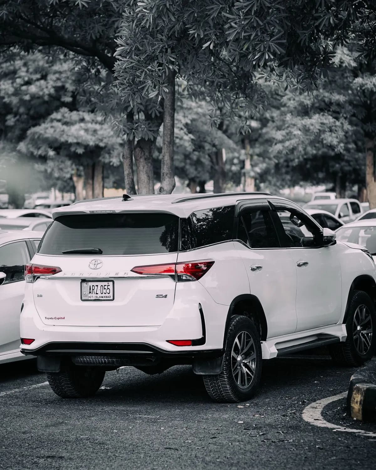 Contoh foto katalog kendaraan SUV putih di area parkir rindang